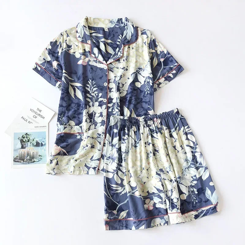 KAELAH cute cartoon floral viscose fiber pajamas two-piece long-sleeved home cotton