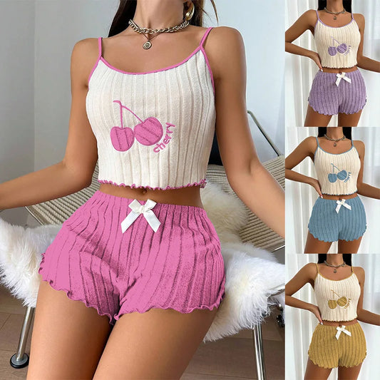 KAELAH Summer 2pcs Pajamas Set for Women Casual Simple Ground Wool Halter Vest