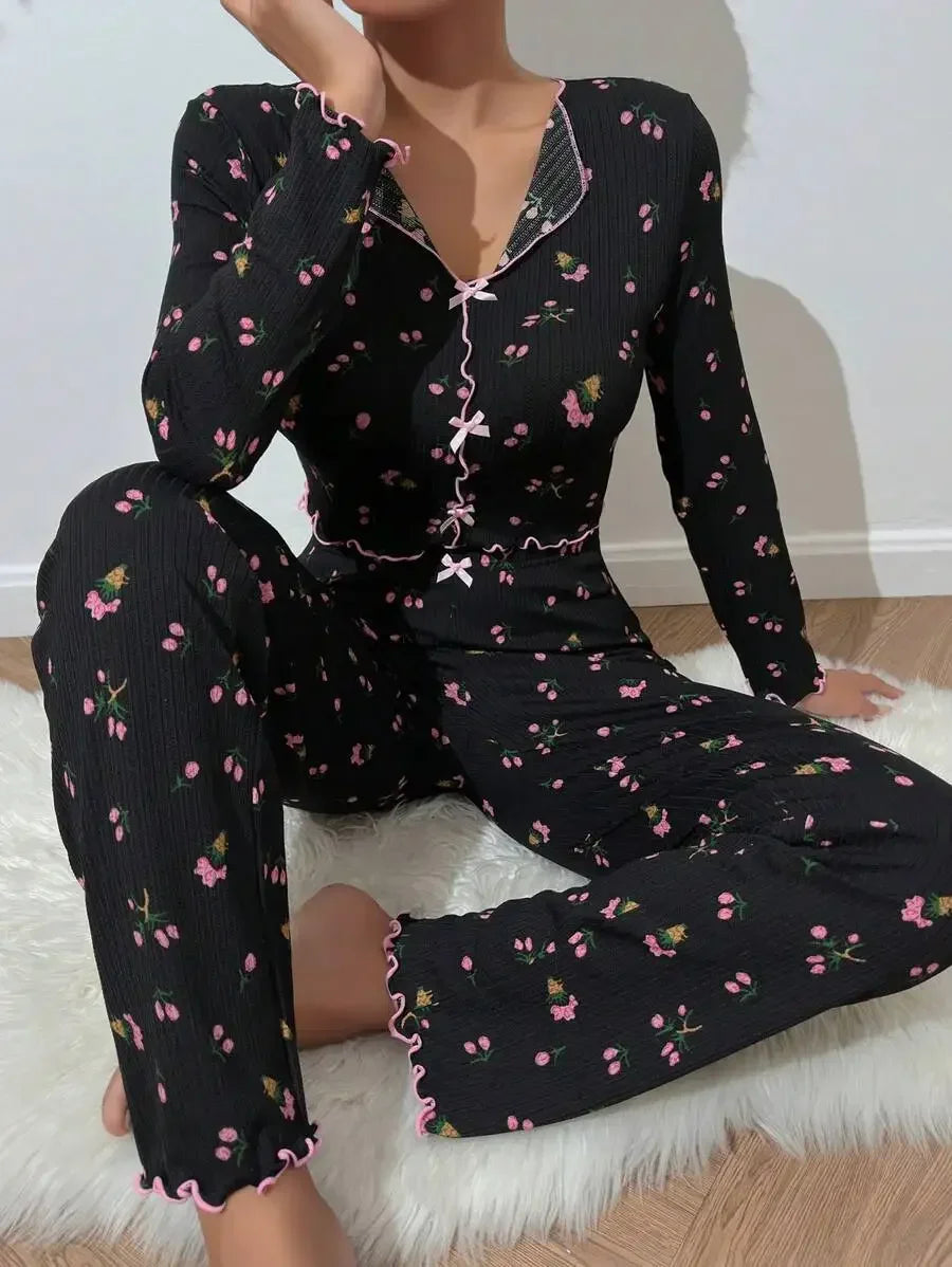 KAELAH Floral Print Set for Women Sleepwear Long Sleeve Top