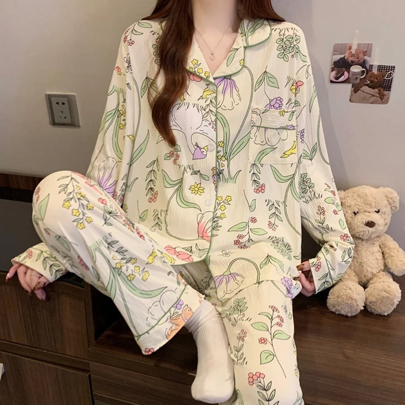 KAELAH Pink Bow Tie Design Pajamas for Women Long Sleeve Top & Elastic