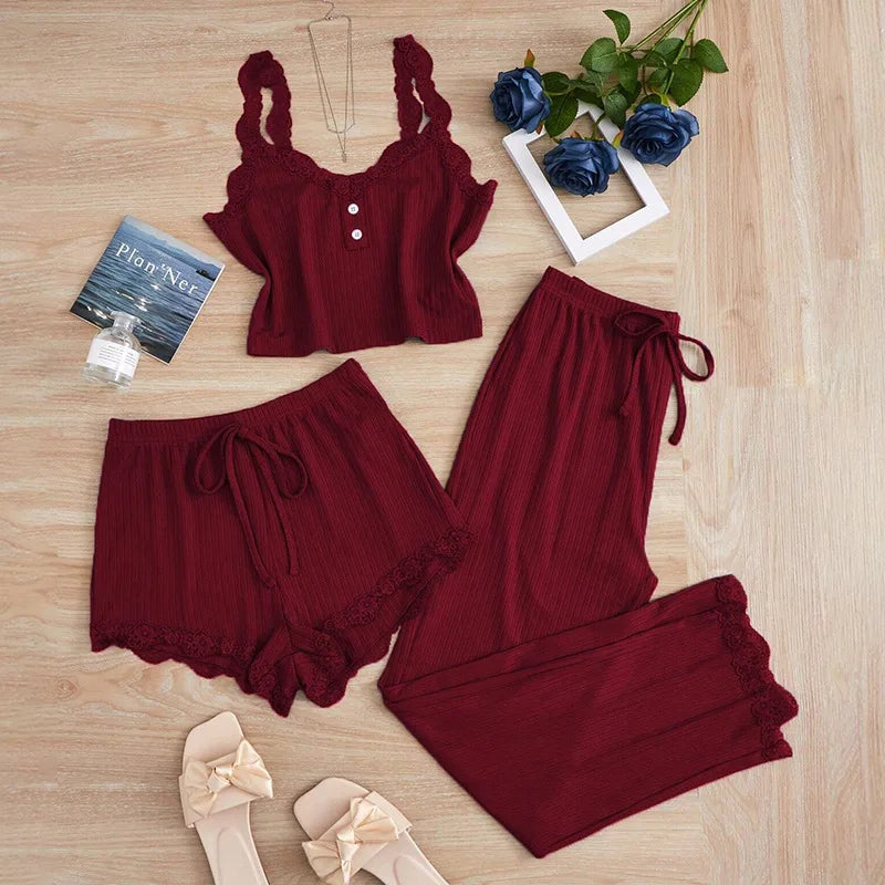 KAELAH Summer 3PCS Pajama Sets Solid Vest Shorts and Pants Paired
