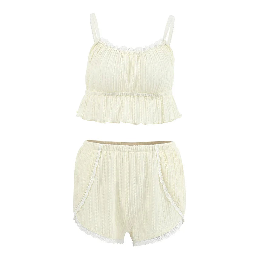 KAELAH Fashion Lace Trim Ruffle Hem U-Neck Strap Cable Textured Cami & Casual Home