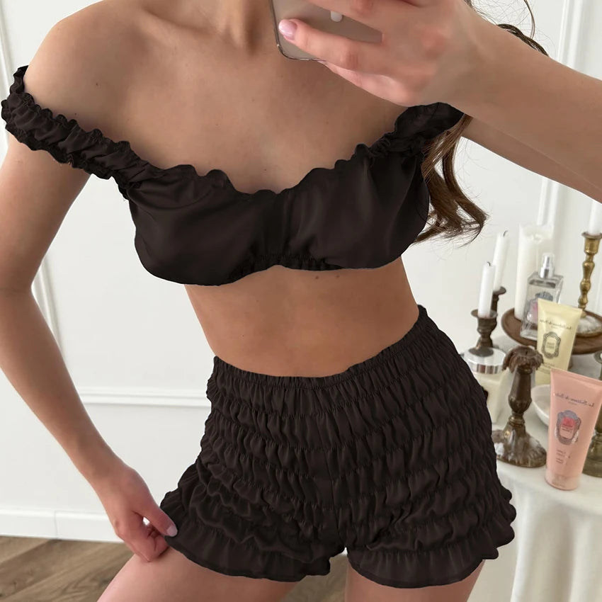 KAELAH Sexy Satin Sleepwear women's pajamas Crop Top Vest With Ruch Elastic Waist