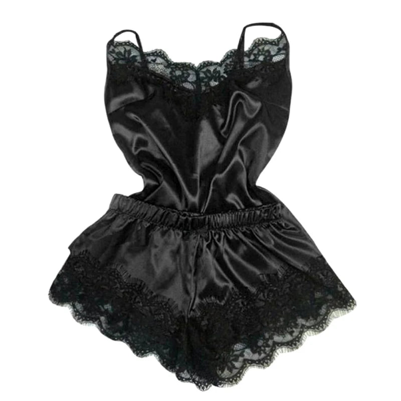 KAELAH Lace Satin Pajama Set for Women Sleepwear V-Neck Stretch Sexy Lingerie Strap Vest