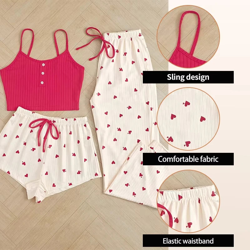 KAELAH Three Piece Women's Heart-Shaped Printed Vest Shorts and Pants