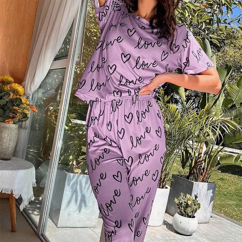 KAELAH Pyjamas Dark Pink Letter Printed Short Sleeved T-shirt and Pants Sleepwear Casual