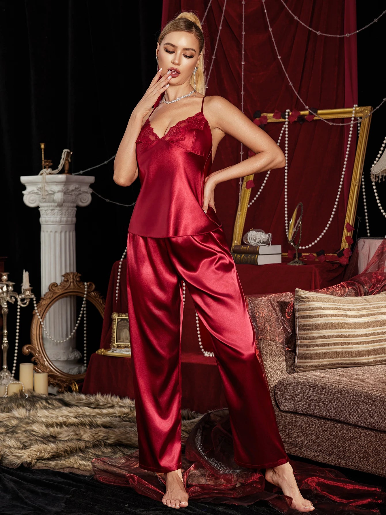 KAELAH Pajama Set Lace Trim Camisole with Pants High Quality Soft Comfortable Sleepwear