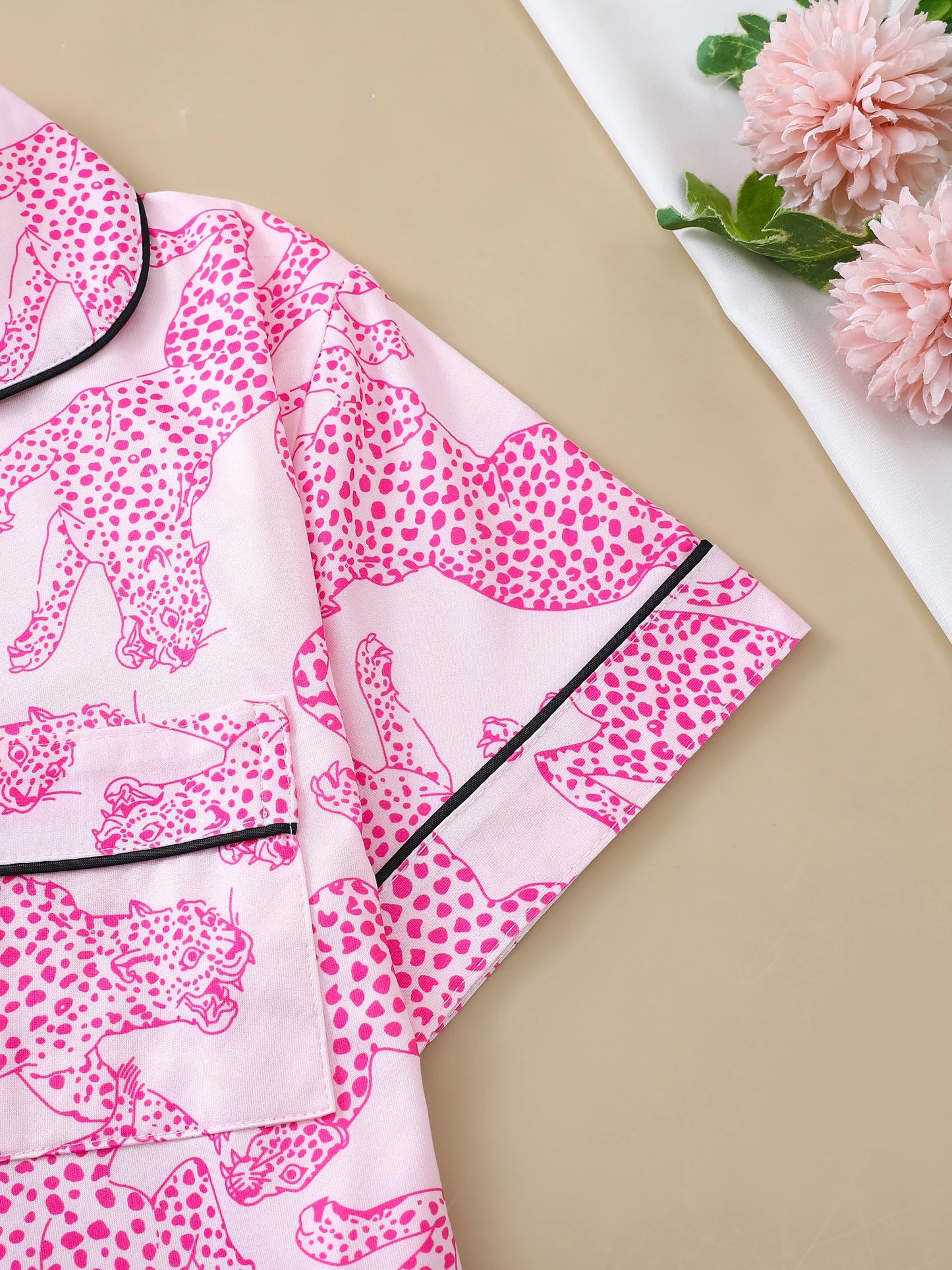 KAELAH Casual pink leopard print pajama set for women lapel short-sleeved