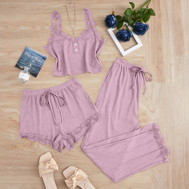 KAELAH Summer 3PCS Pajama Sets Solid Vest Shorts and Pants Paired