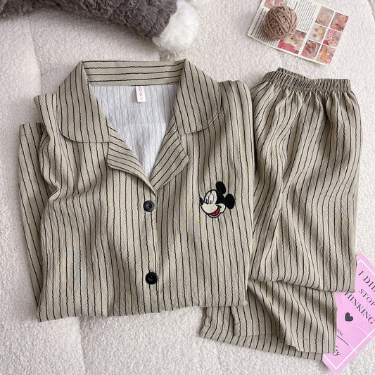 KAELAH Mickey Mouse Strip Print Woman's Pajamas Set Autumn Winter Loungewear