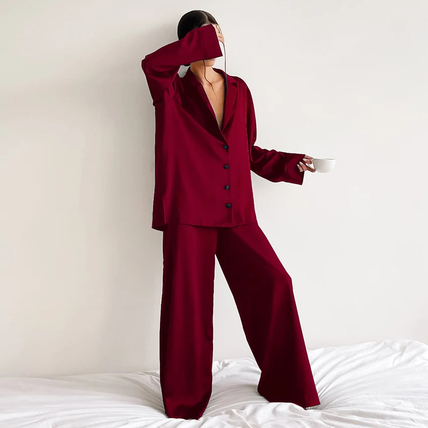 KAELAH Oversized Satin Silk Sleepwear Low Cut Sexy Pajamas For Women Single-Breasted
