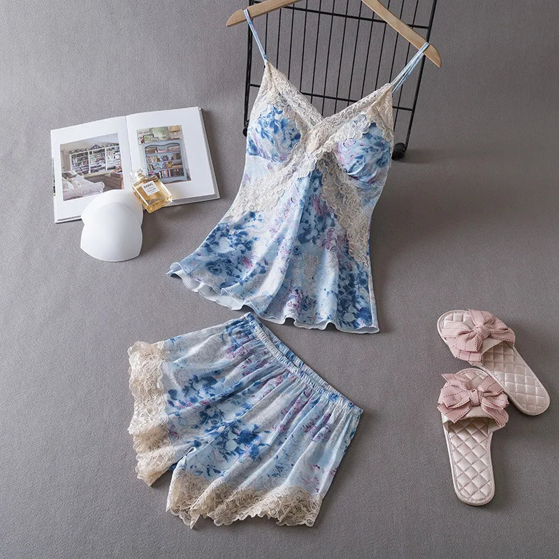 KAELAH Lisacmvpnel Ice Silk With Chest Pad 2 Pcs Set Pajamas