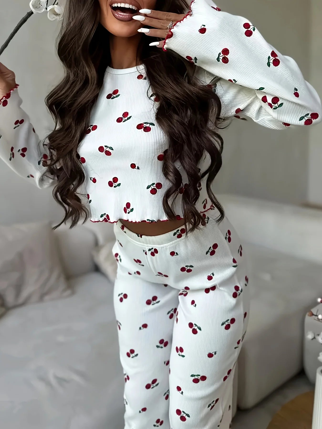 KAELAH Cherry Print Cuffed-Long-Sleeve Tops and Long Trousers Sleepwear