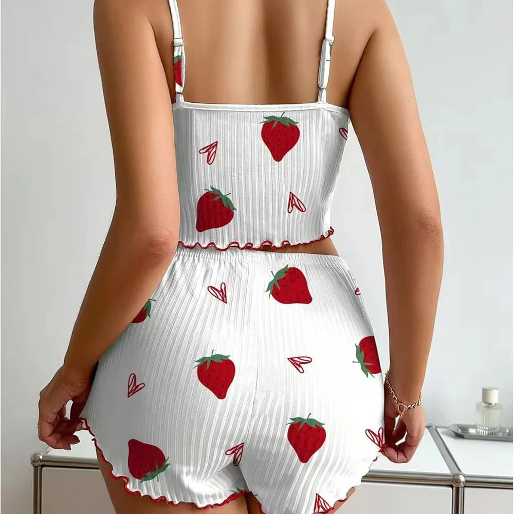 KAELAH Strawberry Print Ribbed Knit Ice Silk Camisole Pajama Set Comfortable