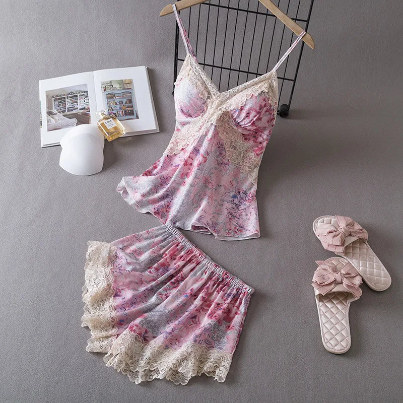 KAELAH Lisacmvpnel Ice Silk With Chest Pad 2 Pcs Set Pajamas