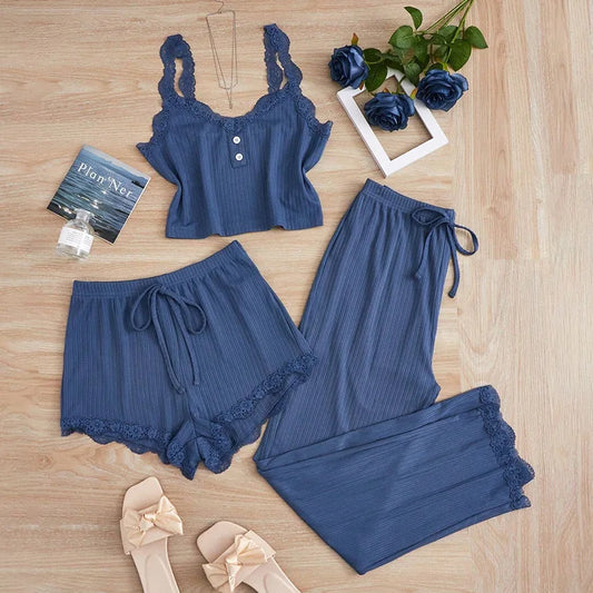 KAELAH Summer 3PCS Pajama Sets Solid Vest Shorts and Pants Paired