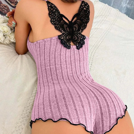 KAELAH Butterfly Suspenders Lace Trim And Bow Design Pajamas Sleeveless V-Neck