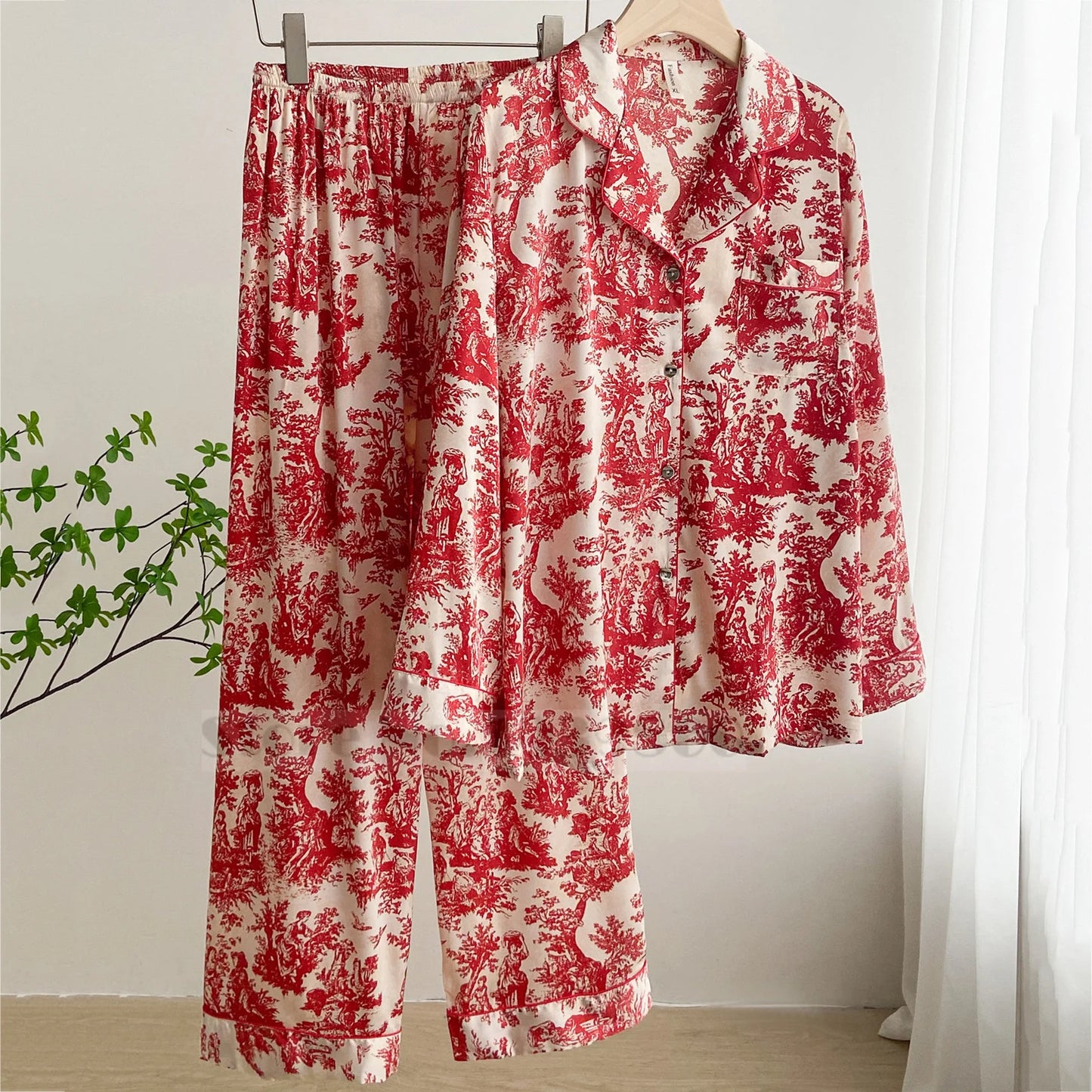 KAELAH Print Flower 2PCS Pajamas Set Women Sleepwear Spring Summer Trouser Suits Lounge Wear