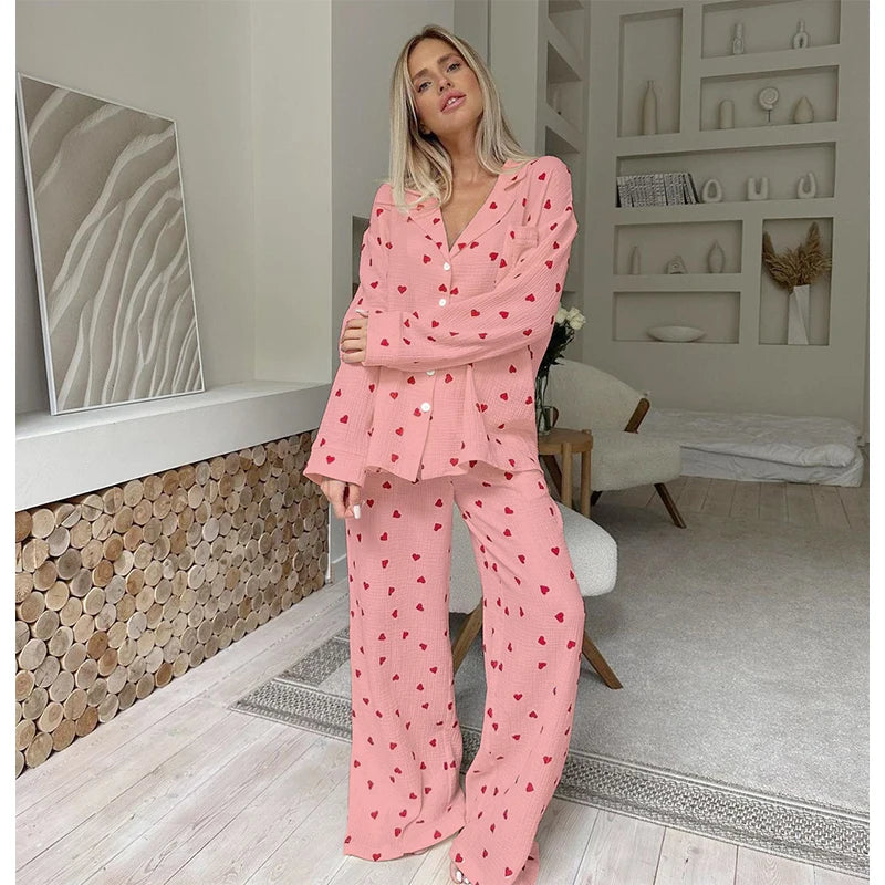 KAELAH New Love Heart Print Pyjama Cotton Long Sleeve Set