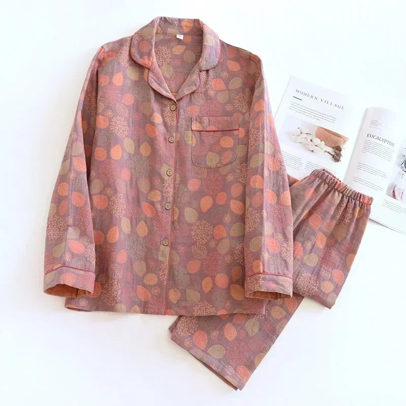KAELAH new spring and summer women's pajamas suit long-sleeved trousers two-piece crepe flower