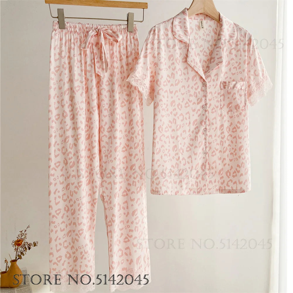 KAELAH Print Flower 2PCS Pajamas Set Women Sleepwear Spring Summer Trouser Suits Lounge Wear
