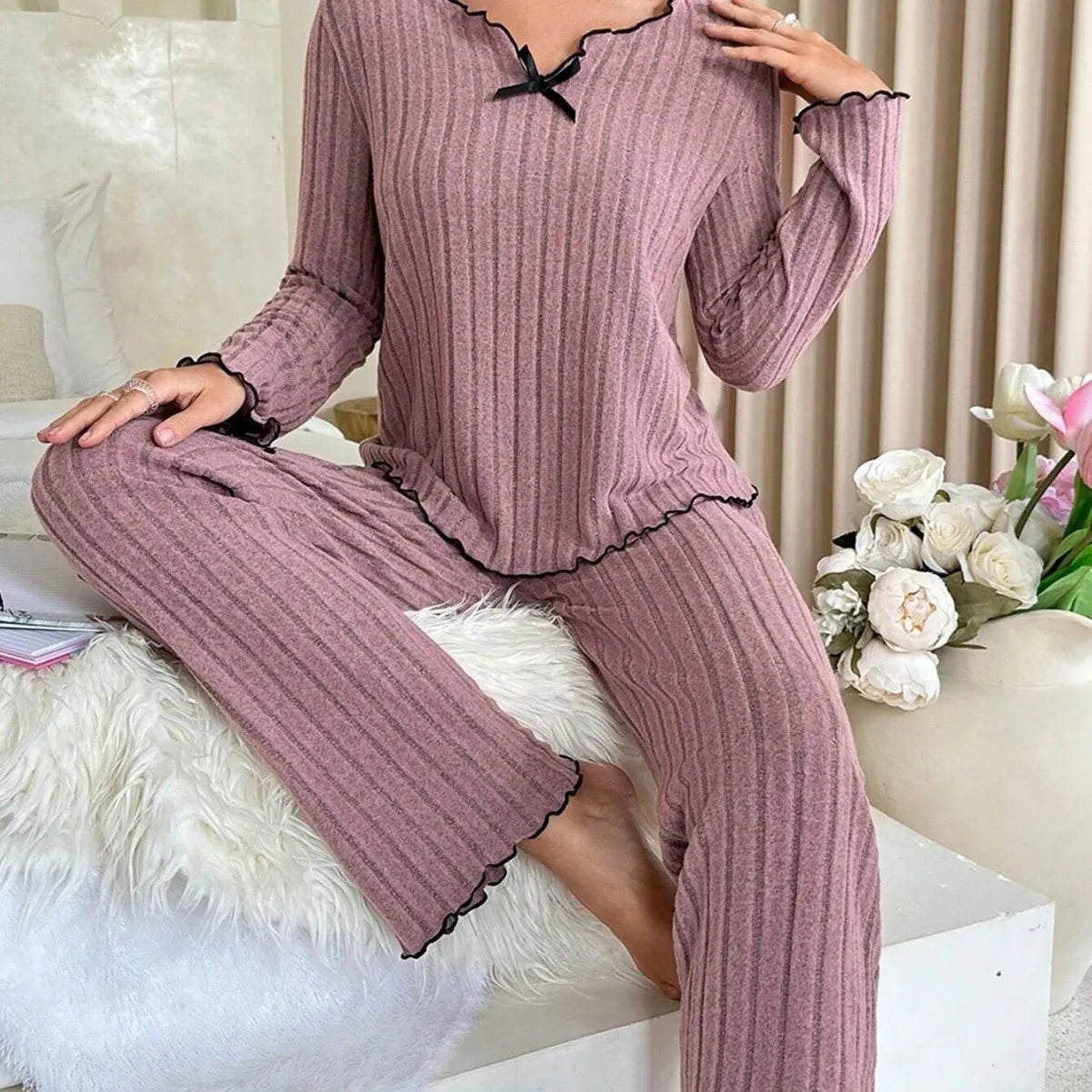 KAELAH Flannel Warm Sleepwear Women Casual Pajamas Set Loungewear