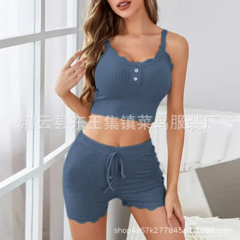 KAELAH Lace Trim Three-Piece Set Slim Fit Home Clothes Nightgown