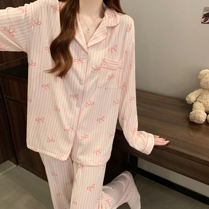 KAELAH Soft Comfortable cute Bow Pink Print Pajama Set