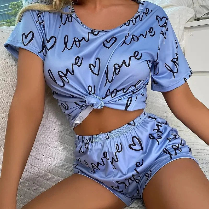 KAELAH Cartoon Print Pajama Set Short Sleeve Top Long Pants Soft Comfortable Sleepwear