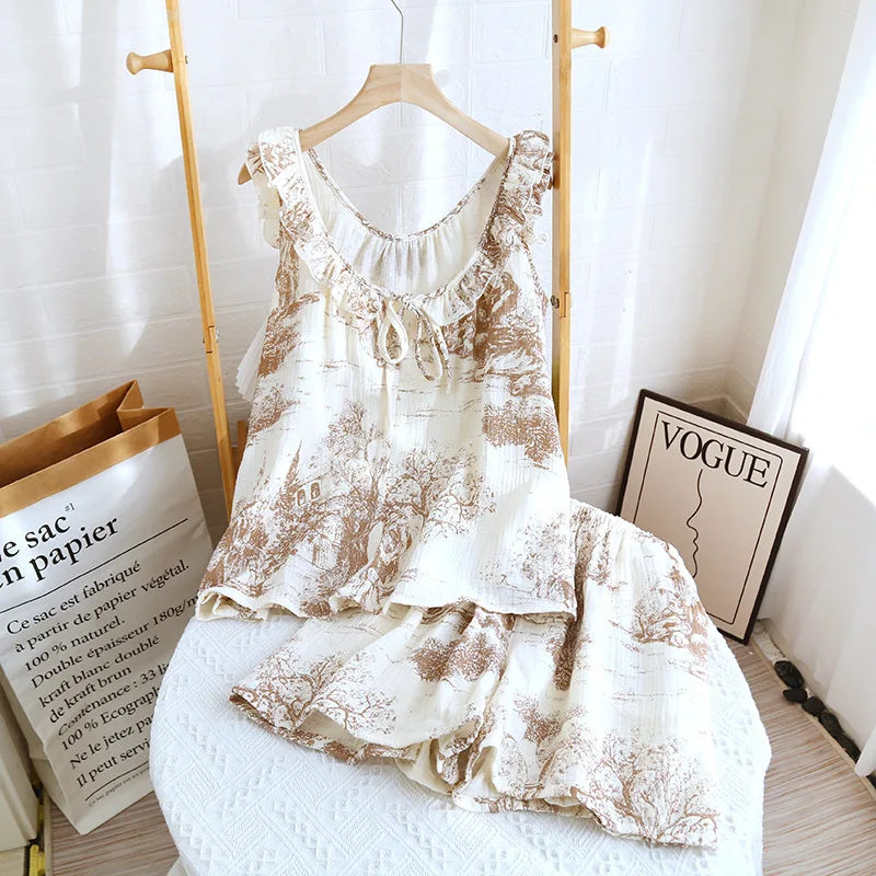 KAELAH Cotton Crepe Suspender Shorts Vest Suit Sweet And Loose Home Sexy