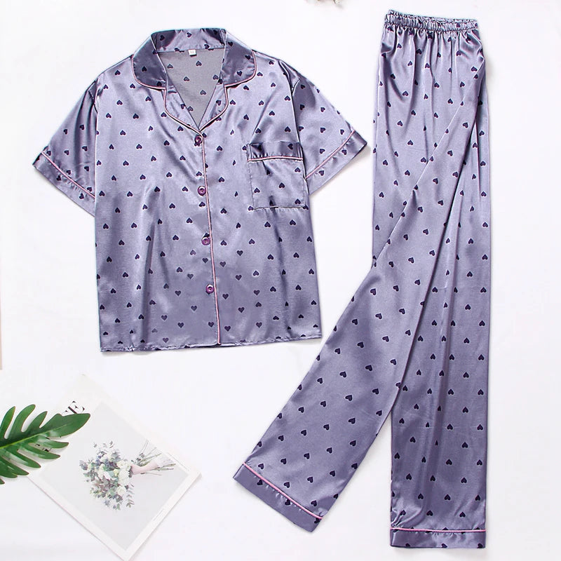 KAELAH Striped Printed Silk Satin Summer Nightwear Trouser Suits