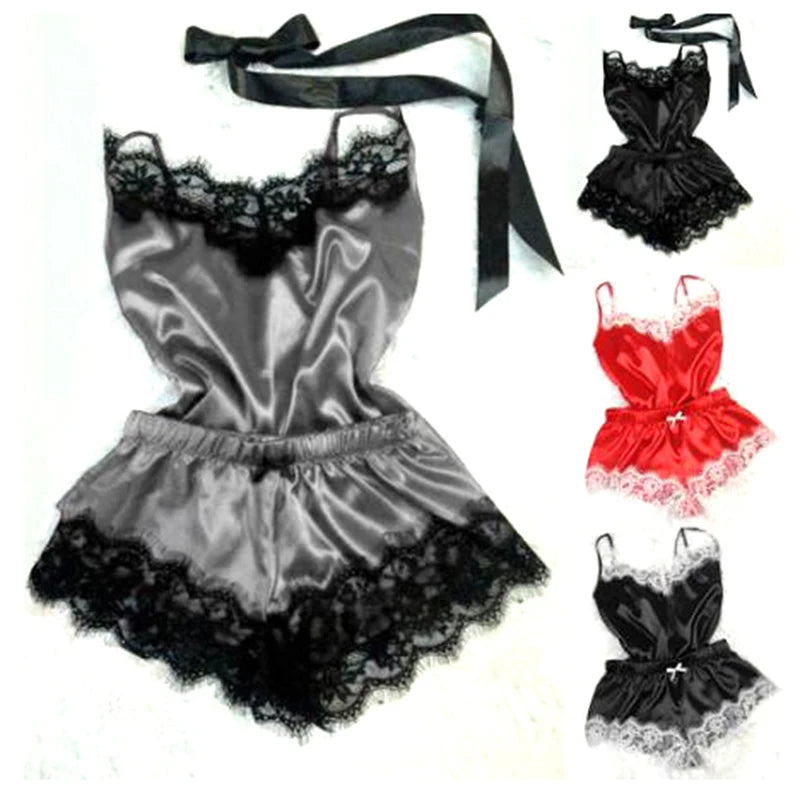 KAELAH Lace Satin Pajama Set for Women Sleepwear V-Neck Stretch Sexy Lingerie Strap Vest