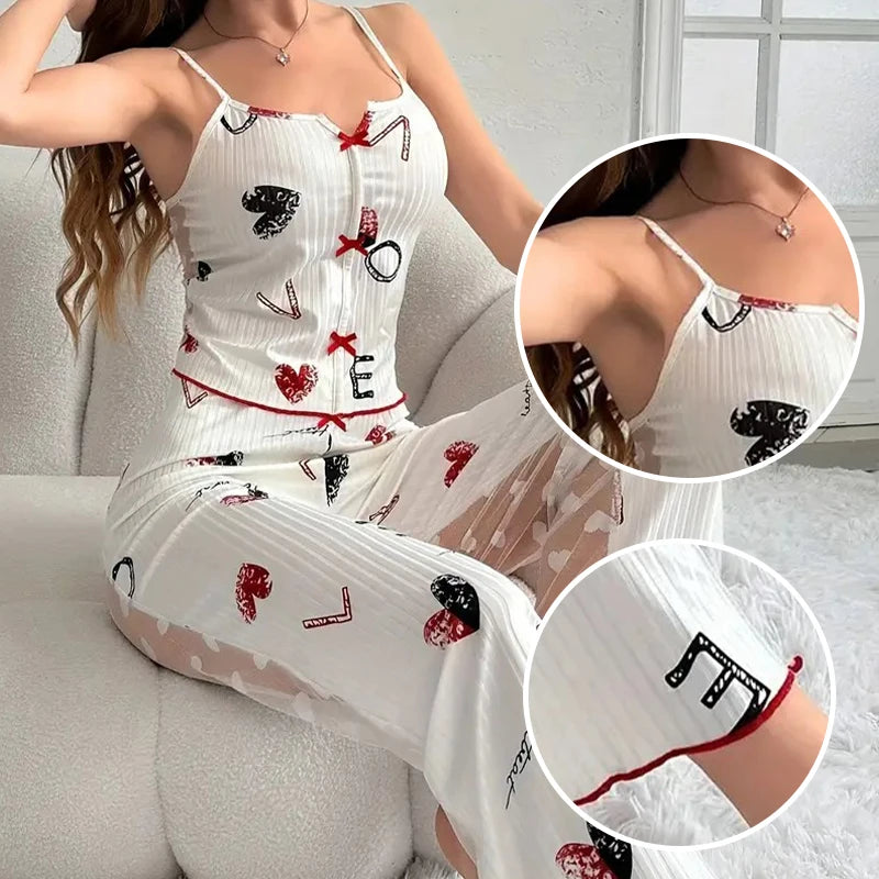KAELAH Sexy Two-Piece Pajama Set Printed Lace Patchwork V-Neck