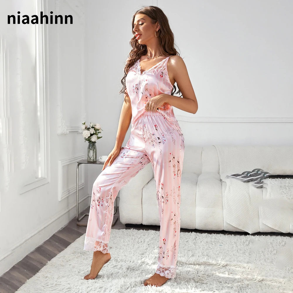 KAELAH Sexy Floral Print Trouser Satin Sexy Pajamas Lace Pajamas with Pants Loose