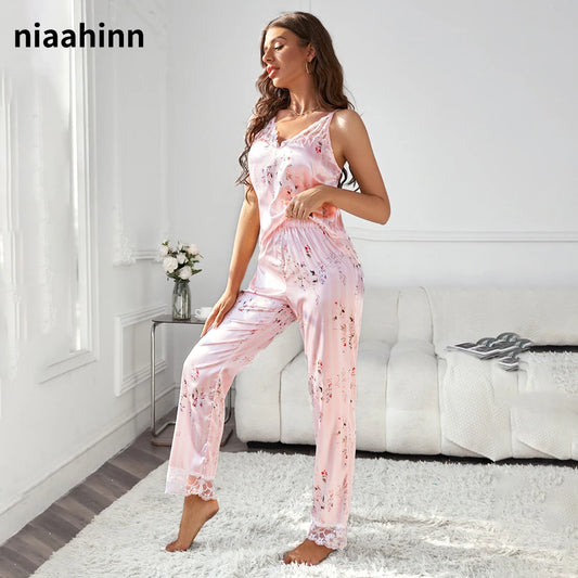KAELAH Sexy Floral Print Trouser Satin Sexy Pajamas Lace Pajamas with Pants Loose