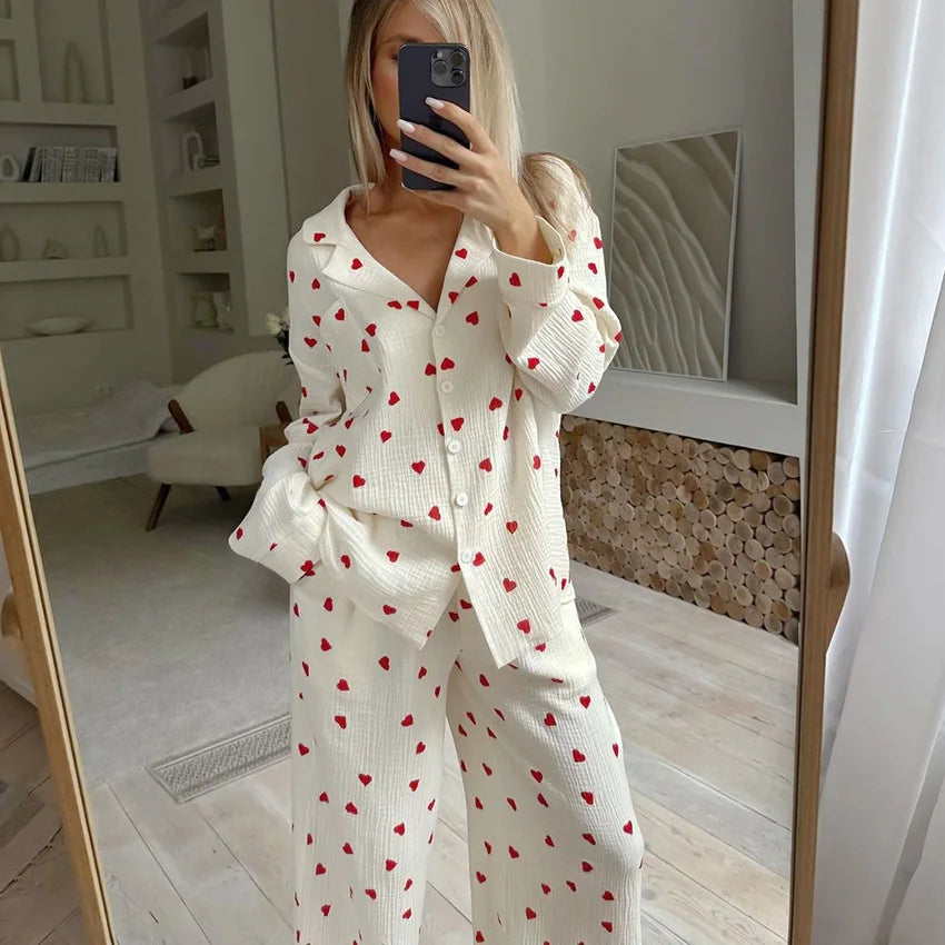KAELAH New Love Heart Print Pyjama Cotton Long Sleeve Set