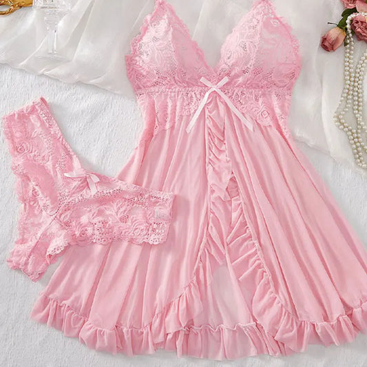 KAELAH Cute Suspender Summer Ultra-thin Nightgown Lace Thong Sets Women's Sexy Pyjamas Lingerie