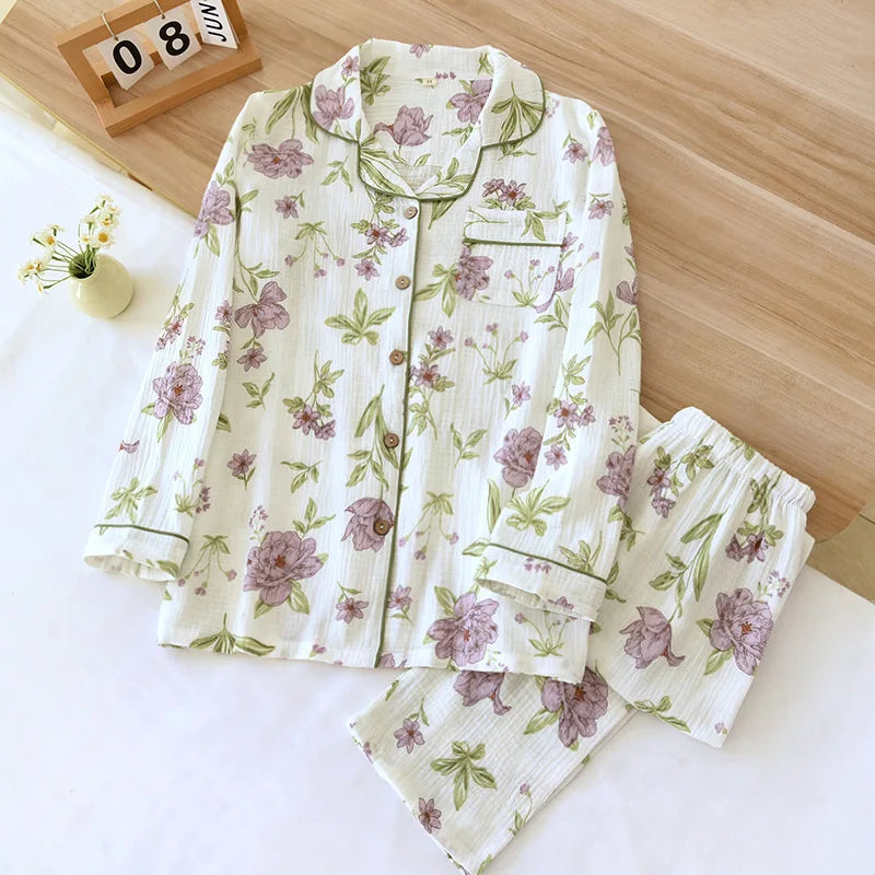 KAELAH Sweet Fury and Autumn Women's Pajama Set Cotton Crepe Long