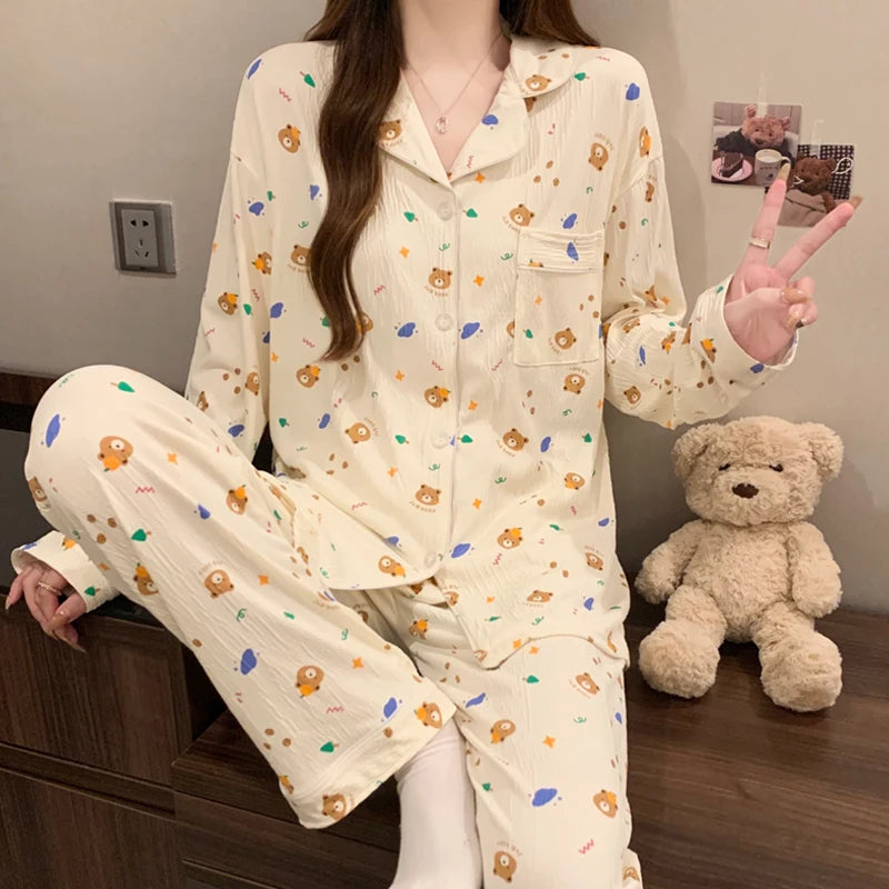 KAELAH Pink Bow Tie Design Pajamas for Women Long Sleeve Top & Elastic