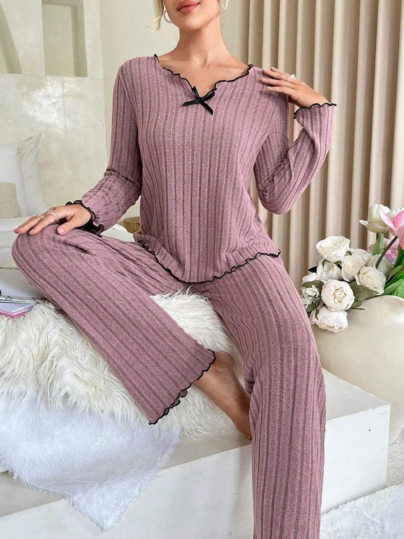 KAELAH Sleepwear Ribbed Pajamas Set Long Sleeve Top and Long Pants