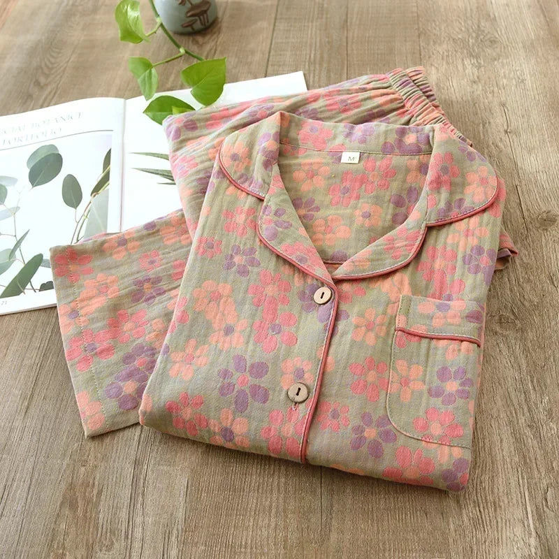 KAELAH new spring and summer women's pajamas suit long-sleeved trousers two-piece crepe flower