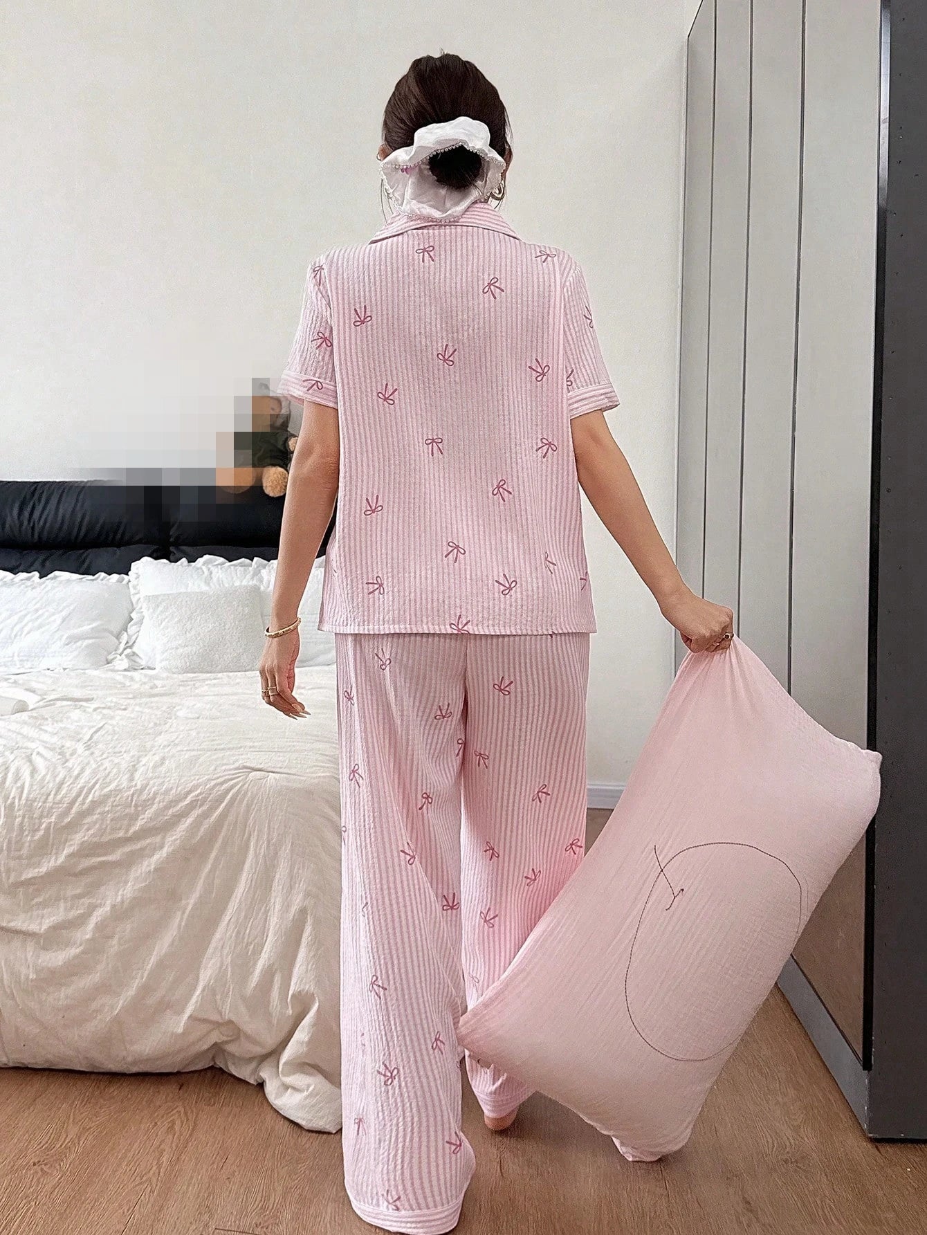 Women Bow Striped Print Pajama Sets Summer Short Sleeve Sleep Tops With Pants Pajamas Sets Comfortable Sleepwear Loungewear