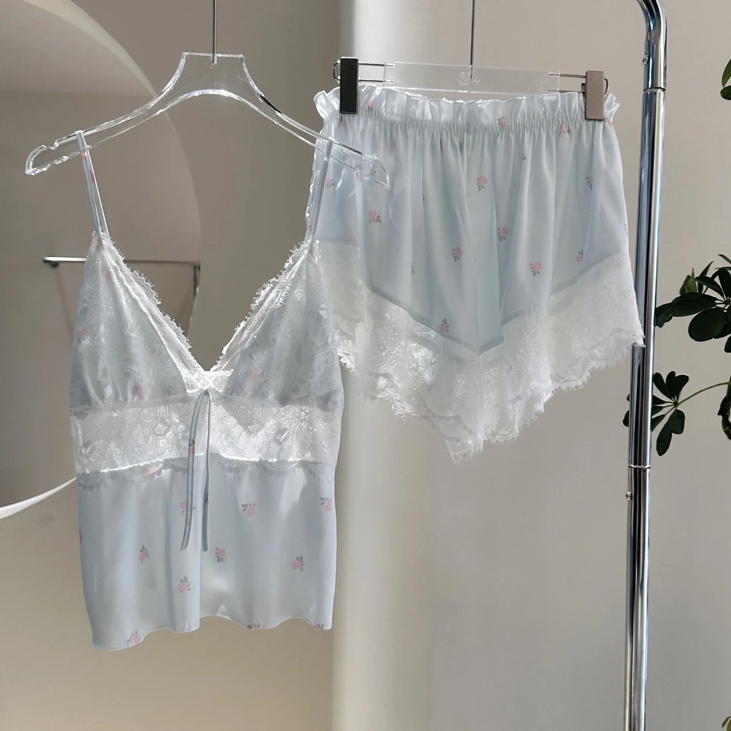 KAELAH Lingerie Two Piece Lace Sleepwear Set Sexy Sleeveless Pijamas Suit Satin