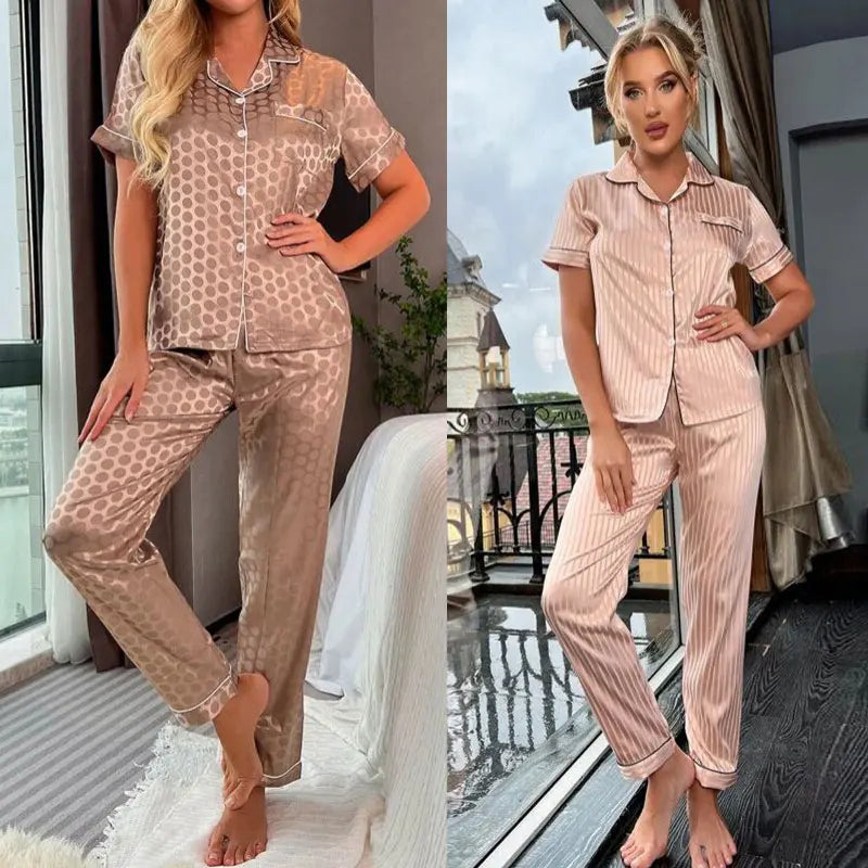 KAELAH Striped Printed Silk Satin Summer Nightwear Trouser Suits