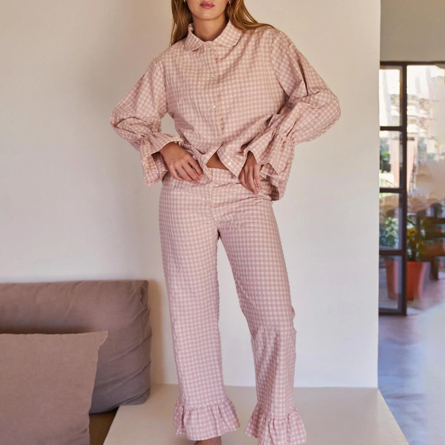 KAELAH Women Y2k Pajama Set Plaid Flare Cuff Long Sleeve