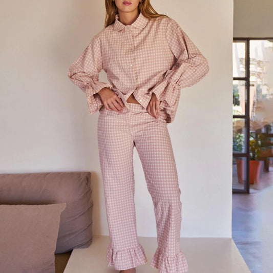 KAELAH Women Y2k Pajama Set Plaid Flare Cuff Long Sleeve