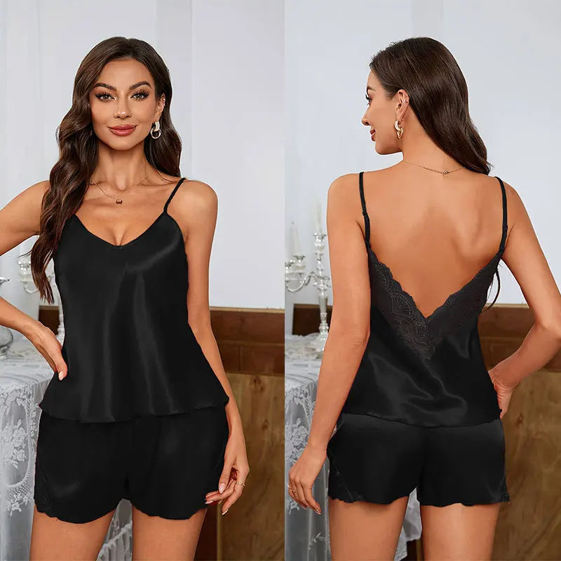 KAELAH Sexy Backless Deep V Lace Luxury Summer Sleepwear Set Soft Satin