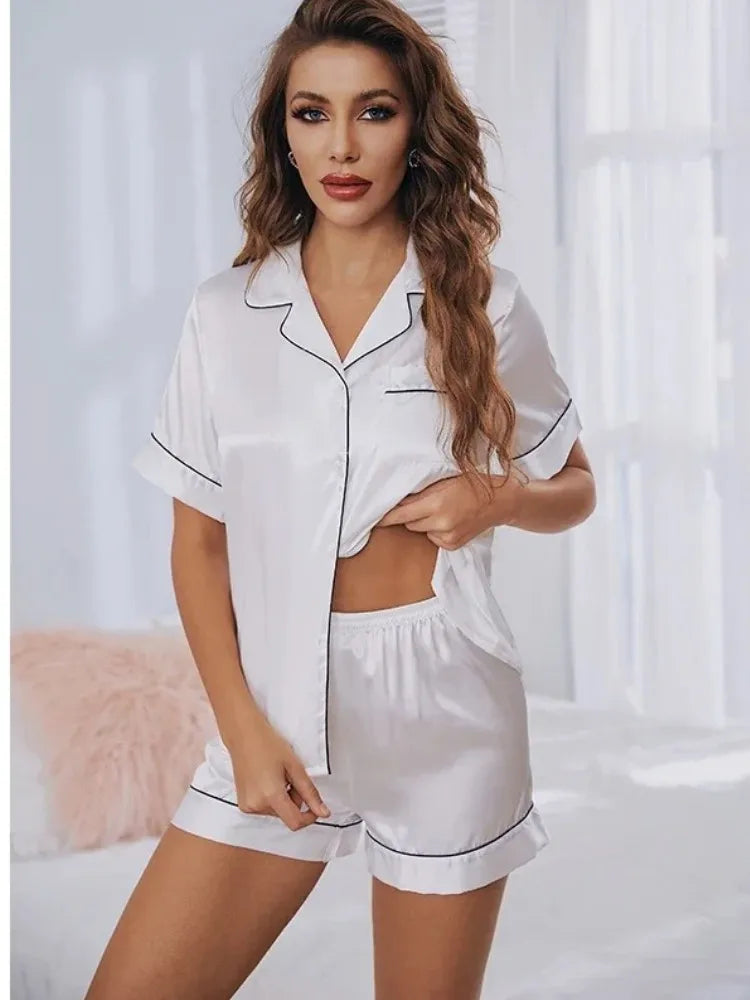 KAELAH Silk Satin Pajamas Set Women Sleepwear Button-Down Short Sleeve Tops