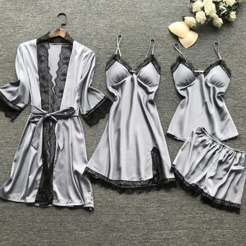 KAELAH 4 Pieces Women's Sexy Lace Pajamas Fashion V-Neck Gown Comfort