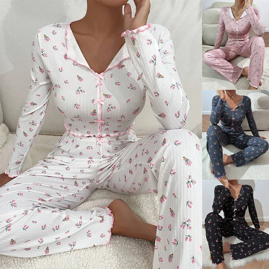 KAELAH Floral Print Set for Women Sleepwear Long Sleeve Top